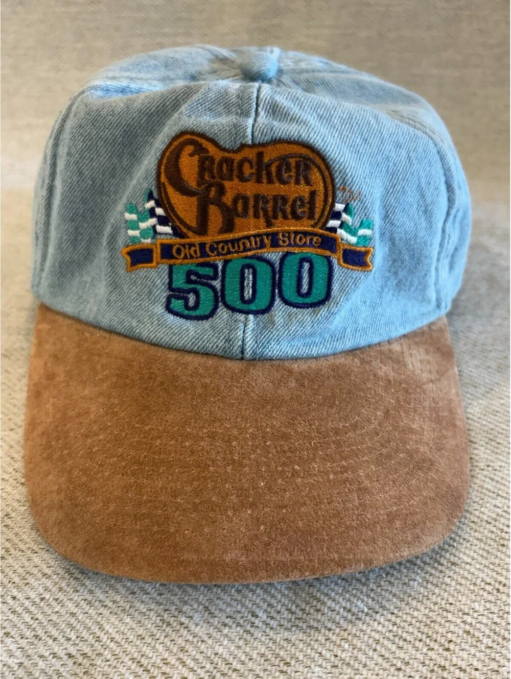 Vintage 90s Cracker Barrel 500 NASCAR Hat Washed Denim Suede Brim Strapback VTG
